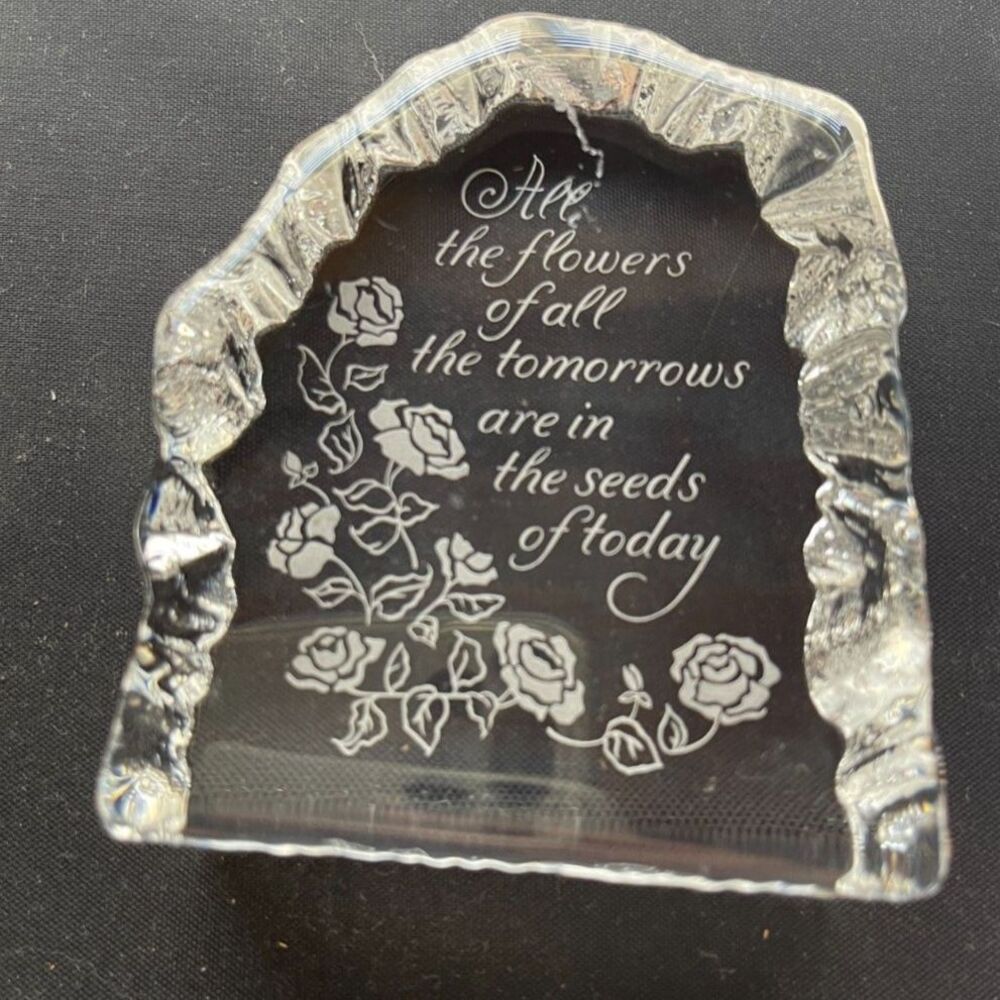 Inspiration Quote Paperweight Crystal Glass Etched Roses Flowers Gift Mother Day